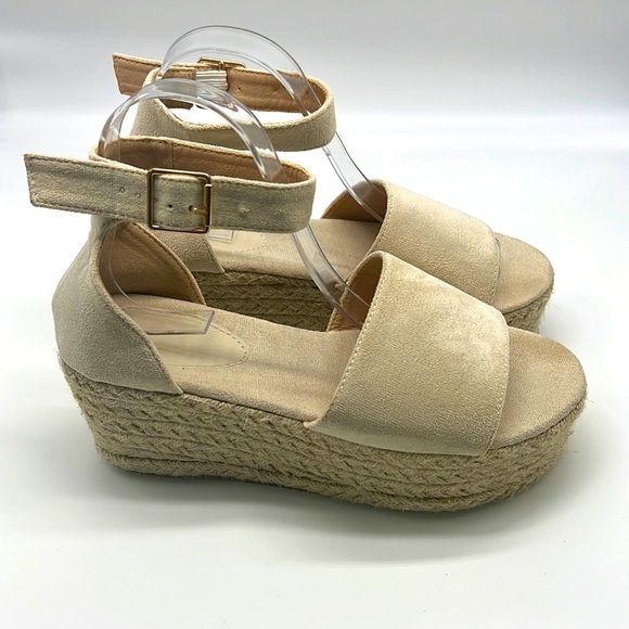 Platform - Soft Beige Ankle Strap Open Toe Espadrille Wedge Sandals Size 39 - Picture 1 of 15